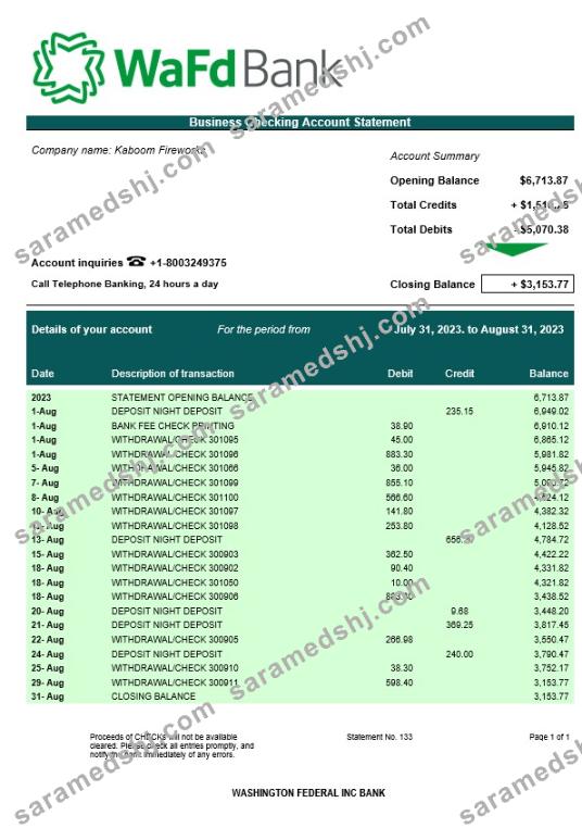 Washington Federal Inc Bank business checking account statement Word and PDF template